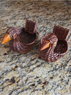 Vintage Mini Wicker/Rattan Duck Baskets (2), Carved Wooden Beaks